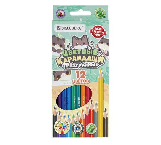 Карандаши цветные BRAUBERG кросс-серия МИЛЫЕ КОТЫ, 12 цветов, трехгранные, 182109 1