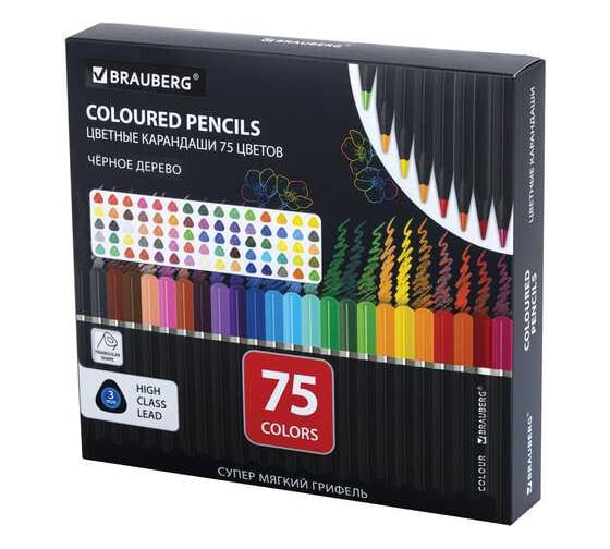 Карандаши цветные BRAUBERG чёрное дерево BLACK WOOD, 75 цветов, грифель мягкий 3 мм 182044 1