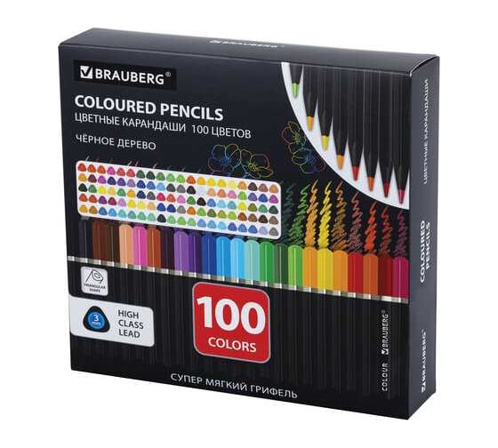 Карандаши цветные BRAUBERG чёрное дерево BLACK WOOD, 100 цветов, грифель мягкий 3 мм 182045 1