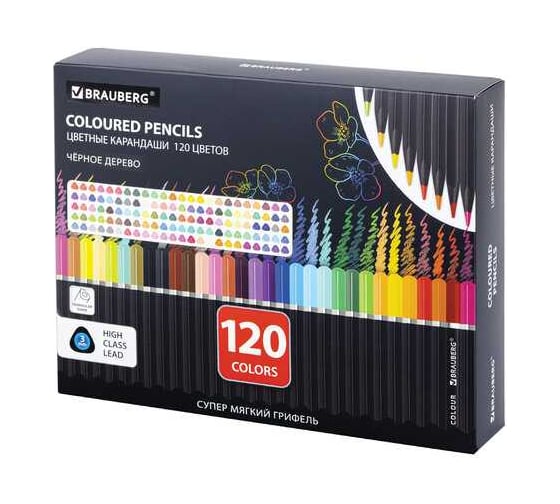 Карандаши цветные BRAUBERG чёрное дерево BLACK WOOD, 120 цветов, грифель мягкий 3 мм 182046 1