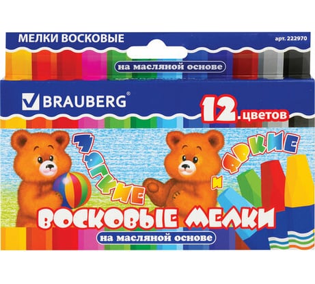 Утолщенные восковые мелки BRAUBERG ПИФАГОР, 12 цветов, на масляной основе, яркие цвета 222970