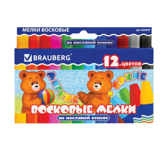 Утолщенные восковые мелки BRAUBERG ПИФАГОР, 12 цветов, на масляной основе, яркие цвета 222970