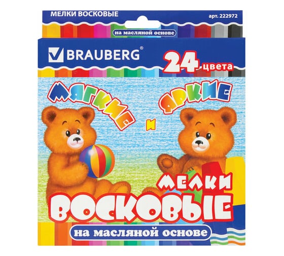 Утолщенные восковые мелки BRAUBERG ПИФАГОР, 24 цвета, на масляной основе, яркие цвета 222972 1