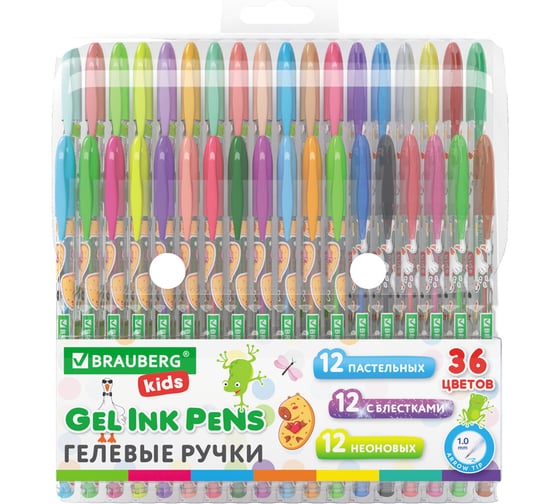 Ручки гелевые BRAUBERG KIDS CUTE ANIMALS, НАБОР 36 ЦВЕТОВ, линия письма 0,7 мм 144448 1