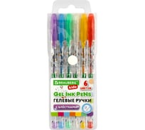 Ручки гелевые BRAUBERG с блестками KIDS CUTE ANIMALS, НАБОР 6 ЦВЕТОВ, линия письма 0,7 мм 144443