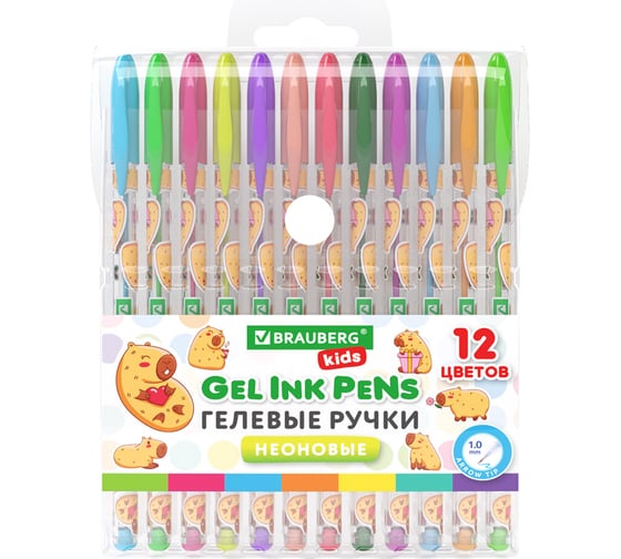 Ручки гелевые BRAUBERG НЕОНОВЫЕ  KIDS CUTE ANIMALS, НАБОР 12 ЦВЕТОВ, линия письма 0,7 мм 144444 1