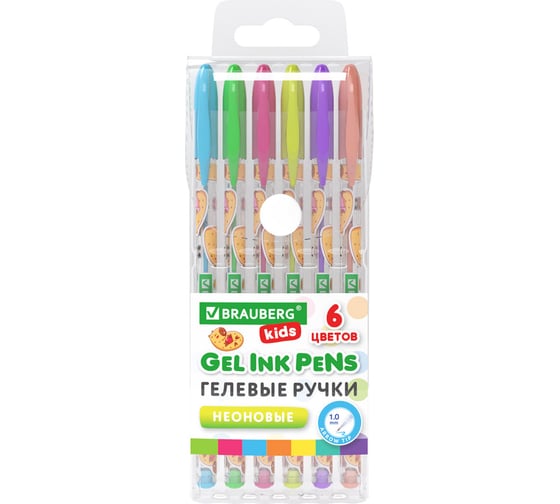 Ручки гелевые BRAUBERG НЕОНОВЫЕ KIDS CUTE ANIMALS, НАБОР 6 ЦВЕТОВ, линия письма 0,7 мм 144442 1