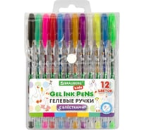 Ручки гелевые BRAUBERG с блестками KIDS CUTE ANIMALS, НАБОР 12 ЦВЕТОВ, линия письма 0,7 мм 144446