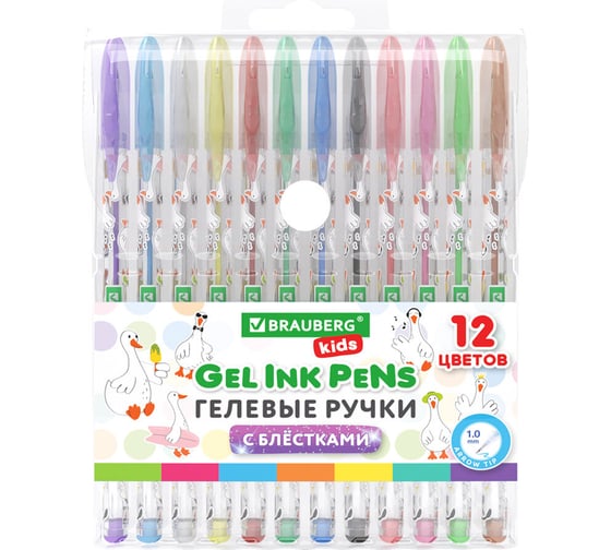 Ручки гелевые BRAUBERG с блестками KIDS CUTE ANIMALS, НАБОР 12 ЦВЕТОВ, линия письма 0,7 мм 144446 1