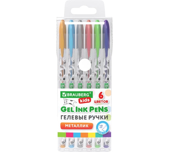 Ручки гелевые BRAUBERG МЕТАЛЛИК KIDS CUTE ANIMALS, НАБОР 6 ЦВЕТОВ, линия письма 0,7 мм 144440 1
