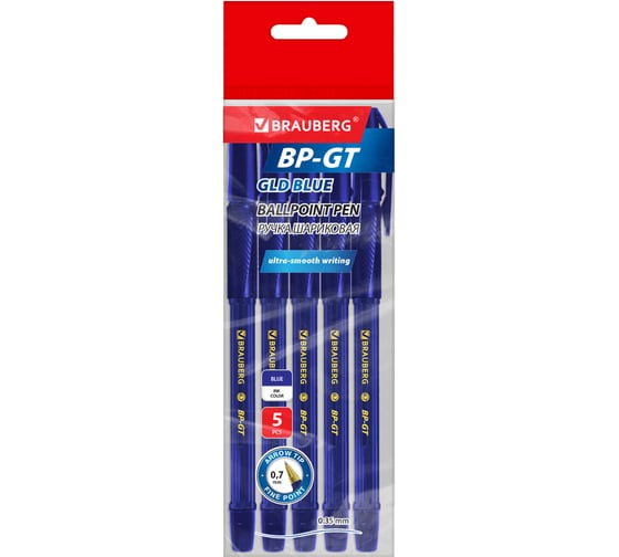 Ручки шариковые BRAUBERG BP-GT GLD BLUE, 5 шт, синие, узел 0,7 мм, линия 0,35 мм, 144511 1