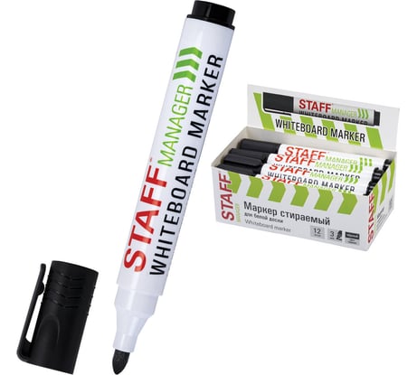 Маркер стираемый для белой доски черный Staff, MANAGER WBM-300, 3 мм, с клипом 12 шт 152636