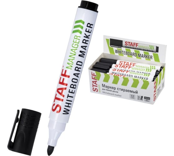 Маркер стираемый для белой доски Staff черный, MANAGER WBM-300, 3 мм, с клипом, 152636 1