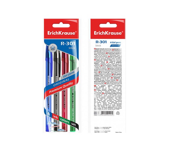 Гелевая ручка ErichKrause R-301 Original Gel Stick 0.5 в пакете по 4 шт 45157