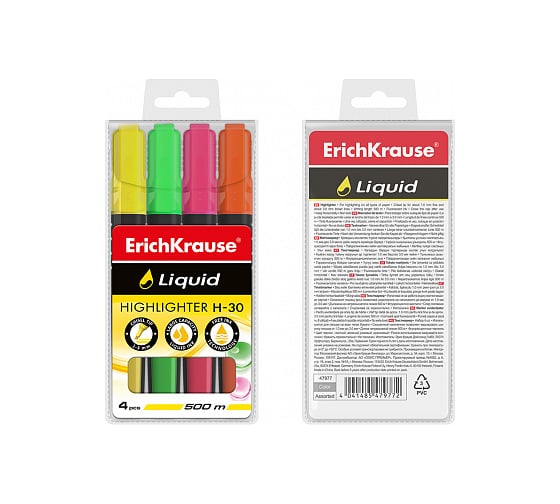 Текстмаркер ErichKrause Liquid H-30 с жидкими чернилами в футляре по 4 шт 47977
