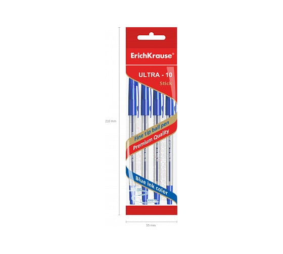 Шариковая ручка ErichKrause ULTRA-10, синий в пакете по 4 шт 46781