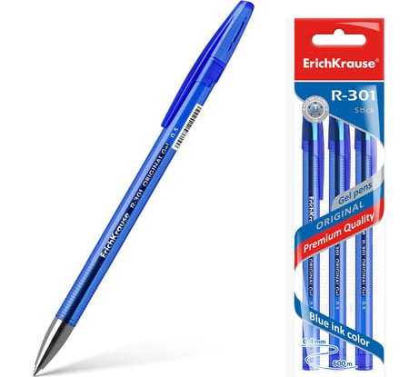Гелевая ручка ErichKrause R-301 Original Gel Stick 0.5, синий в пакете по 3 шт 42723