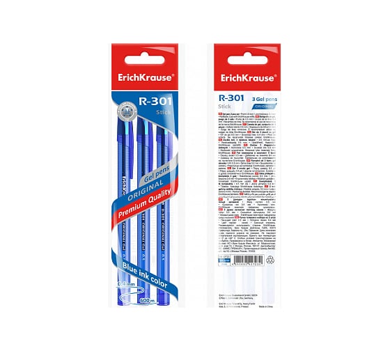 Гелевая ручка ErichKrause R-301 Original Gel Stick 0.5, синий в пакете по 3 шт 42723