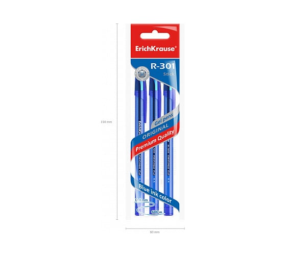 Гелевая ручка ErichKrause R-301 Original Gel Stick 0.5, синий в пакете по 3 шт 42723