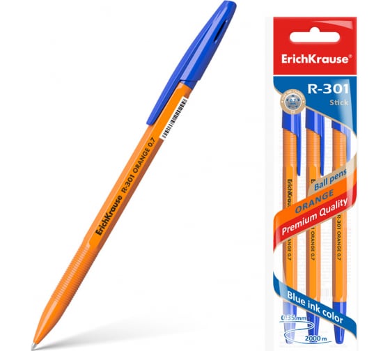 Шариковая ручка ErichKrause R-301 Orange Stick 0.7, синий в пакете по 3 шт 42743 1