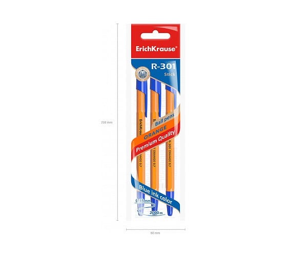 Шариковая ручка ErichKrause R-301 Orange Stick 0.7, синий в пакете по 3 шт 42743