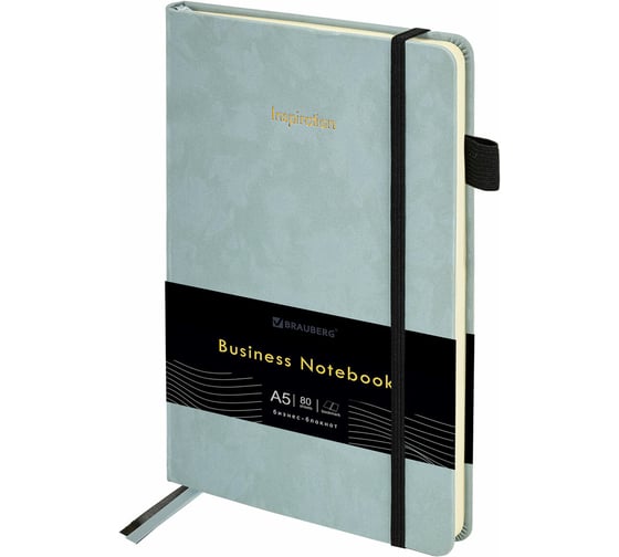 Блокнот BRAUBERG А5 138x213мм Velvet, резинка, держатель, 80л, клетка, серо-голубой 116241 1