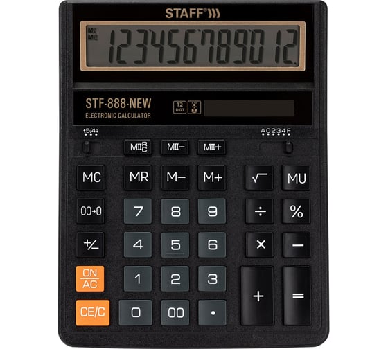 Калькулятор настольный Staff STF-888-New (202x158 мм), 12 разрядов, двойное питание, черный 273831