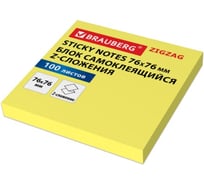 Блок самоклеящийся (стикеры) BRAUBERG Z-сложения ZigZag, 76х76мм, 100л, желтый, для диспенсера, 116681
