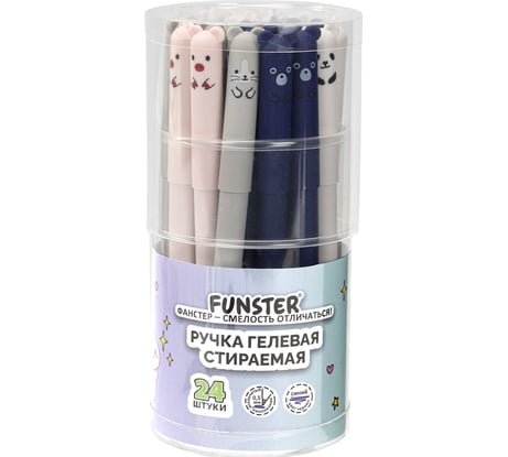 Ручка гелевая стираемая FUNSTER CUTE ANIMALS, СИНЯЯ, ассорти, игольчатый наконечник 0,5 мм, КОМПЛЕКТ 24 шт., 144434