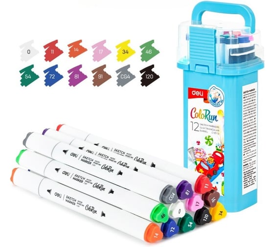 Маркеры для скетчинга DELI на водной основе, двухсторонний наконечник: пулевидный 1 мм, скошенный 5 мм, тонкий трехгранный корпус, пластиковый бокс, 12 штук EC187-12