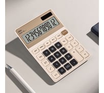 Калькулятор настольный DELI 12 разрядов, двойное питание, 176,9x124,9x34 мм, передняя металлическая панель, пластик, кремовый, золотистый дисплей EM309-GR