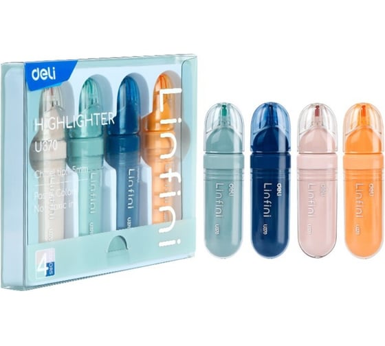 Набор текстовыделителей Deli , скошенный наконечник 1-5 мм, 4 шт. в упаковке, пастельные цвета ассорти EU370