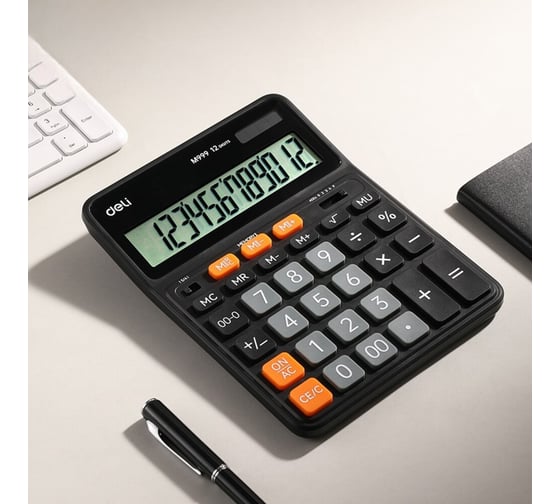 Калькулятор DELI 12-ти разрядный, функция двойной памяти, два источника питания, солнечная батарея и батарейки LR54, черный EM999