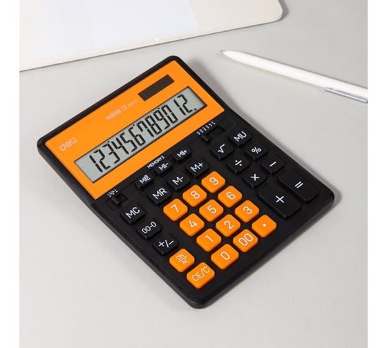 Калькулятор DELI EM888A, 12-ти разрядный, функция двойной памяти, два источника питания, солнечная батарея и батарейки LR54, оранжевый/черный EM888A-OR-BK