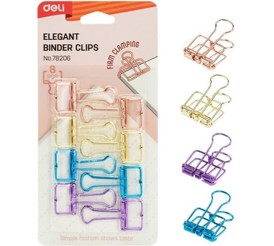 Набор зажимов для бумаг Deli , 8 штук, цветные, 4 цвета корпуса, 19мм, блистер E78206