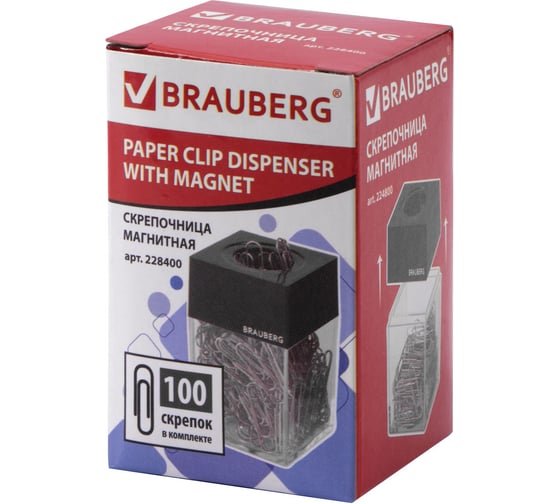 Магнитная скрепочница BRAUBERG 100 никелированных скрепок 28 мм, прозрачный корпус 228400