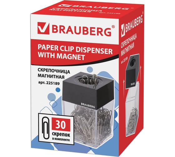 Магнитная скрепочница BRAUBERG с 30 скрепками, прозрачный 225189