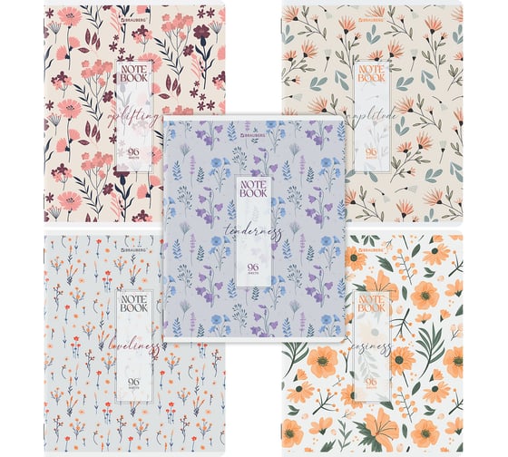 Бизнес-тетради BRAUBERG ДЭК А5, 96л, 5 шт. скоба, клетка, глянцевый лак, Цветочный паттерн, 404983