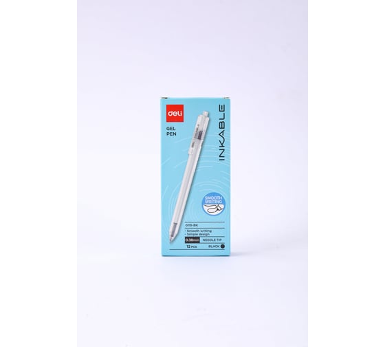 Ручка гелевая автоматическая DELI черная, игольчатый наконечник 0.38мм, ультратонкое письмо, прозрачный матовый корпус с цветными вставками, пластик, ассорти, 12шт EG115-BK