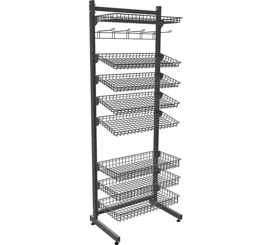 Стойка прикассовая ЮНИТРЕЙД 606,5х400х1679 мм, односекционная односторонняя (СП1612К1) (регулируемый наклон полок) (3 глубоких корзины + 5 мелких корзин + 1 подвес с крючками) 04.08.008.00.15.7016.01