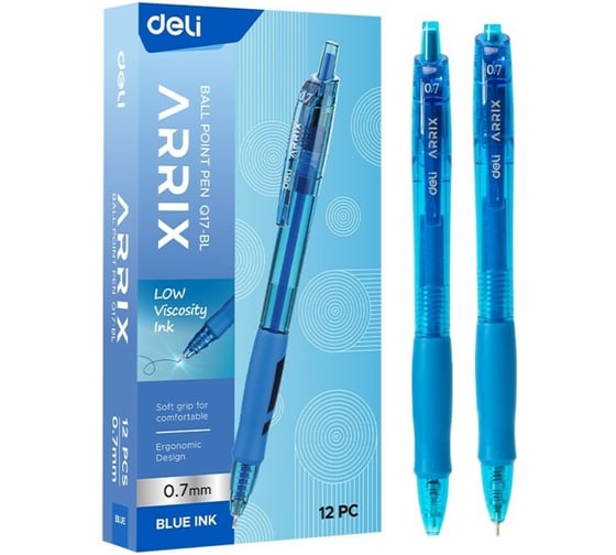 Ручка шариковая Deli Arris авт. 0. 7мм резиновая манжета, синие чернила, 12шт EQ17-BL