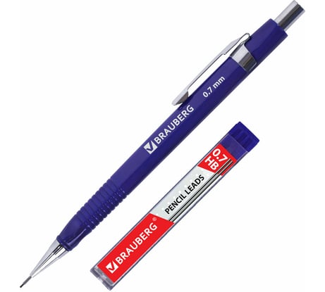 Трёхгранный механический карандаш BRAUBERG синий корпус + грифели HB, 0,7 мм, набор 12 шт 180494
