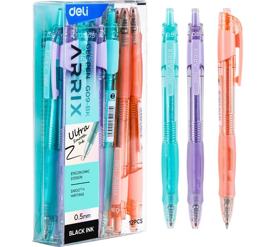 Ручка гелевая Deli 0. 5мм черные чернила автоматическая ( 12шт) EG09-BK