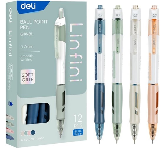 Ручка шариковая Deli Arris авт. 0. 7мм резин. манжета синие чернила ассорти ( 12шт) EQ18-BL