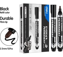 Перманентный маркер DELI, пулевидный наконечник 2,5 мм, чернила черные, 12 шт. EU216-BK