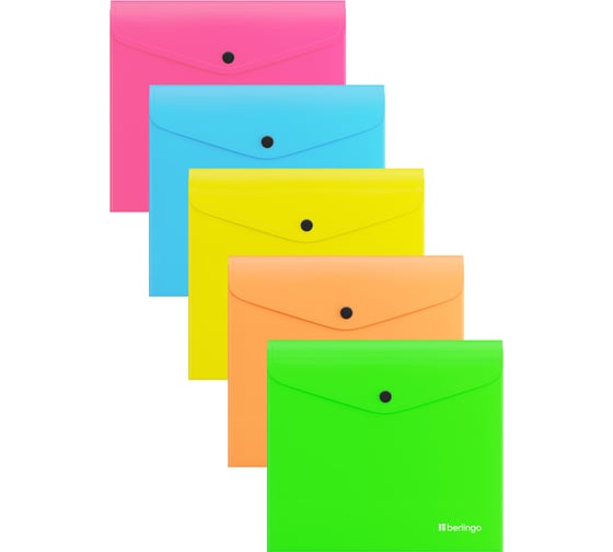 Папка-конверт на кнопке Berlingo Neon А5+, 200мкм, ассорти неоновых, EFbA5395 EFb_A5395