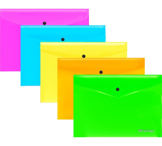 Папка-конверт на кнопке Berlingo Neon А4, 200мкм, ассорти неоновых, EFbA4395 EFb_A4395