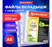 Папки-файлы BRAUBERG малого формата 148х210 мм, А5, вертикальные, комплект 100 шт, 35 мкм 221714