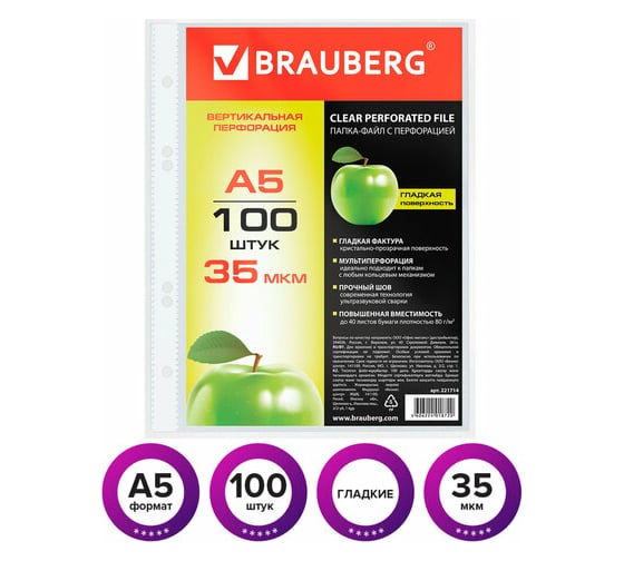 Папки-файлы BRAUBERG малого формата 148х210 мм, А5, вертикальные, комплект 100 шт, 35 мкм 221714