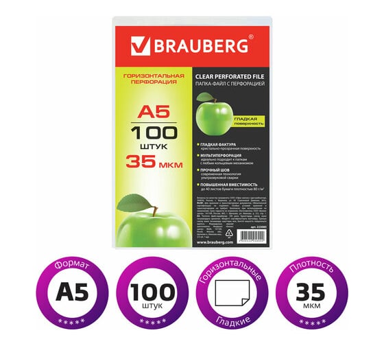 Папки-файлы BRAUBERG малого формата 148х210 мм, А5, горизонтальные, комплект 100 шт, 35 мкм 223085